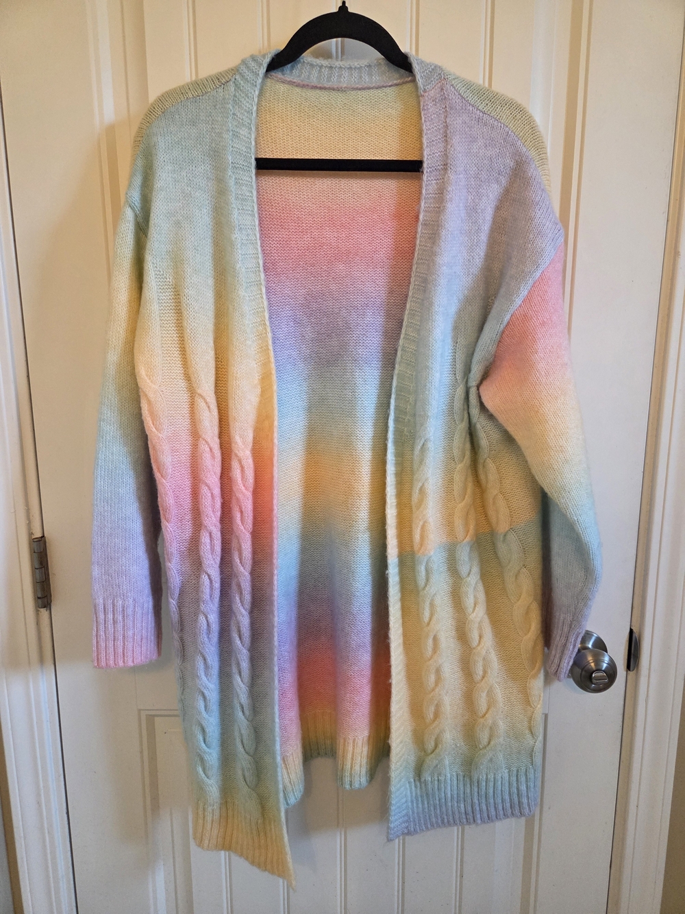 Soft Pastel Rainbow Open-Front Cable Knit Cardigan Sweater